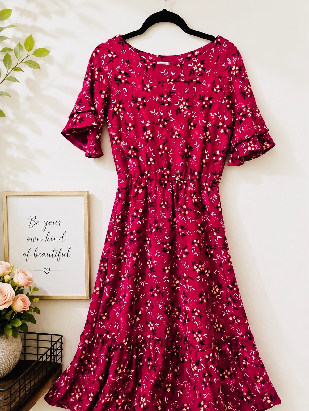 Valentina Sirrah Pink Floral Ruffle Sleeve Fit & Flare Dress
